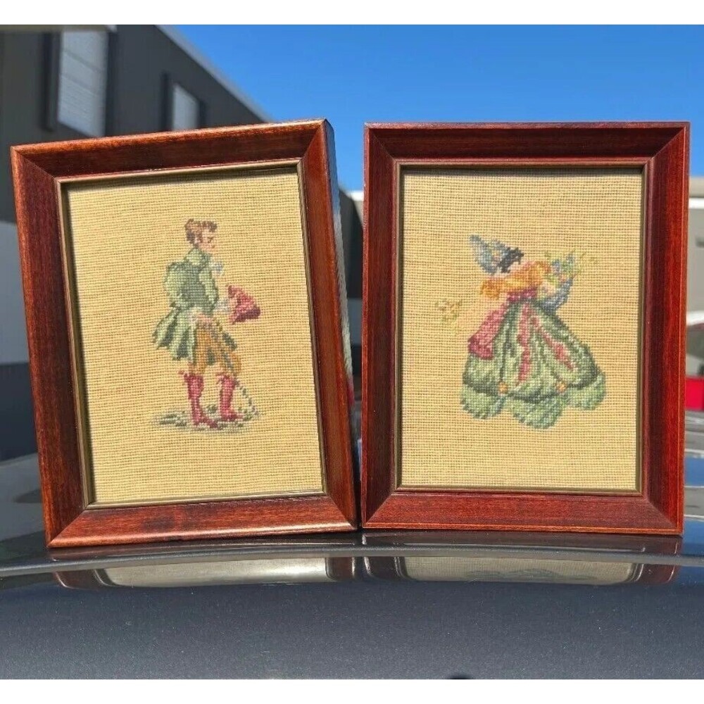 2 VTG Handmade Framed Cross Stitch Victorian Themed Wall Art Paper Back Flawed